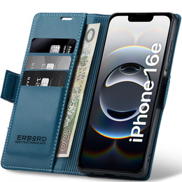 Θήκη για Iphone 16E, ERBORD Glossy Litchi, πορτοφόλι με πτερύγιο, μπλε