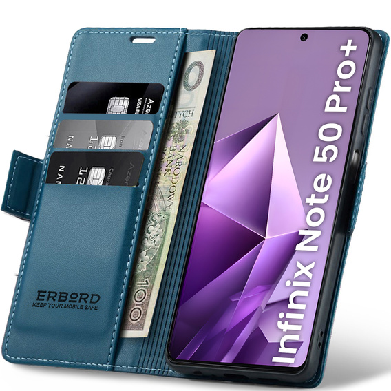 Θήκη για Infinix Note 50 Pro+, ERBORD Glossy Litchi, πορτοφόλι με πτερύγιο, μπλε