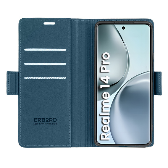 Θήκη για Realme 14 Pro 5G, ERBORD Glossy Litchi, πορτοφόλι με πτερύγιο, μπλε
