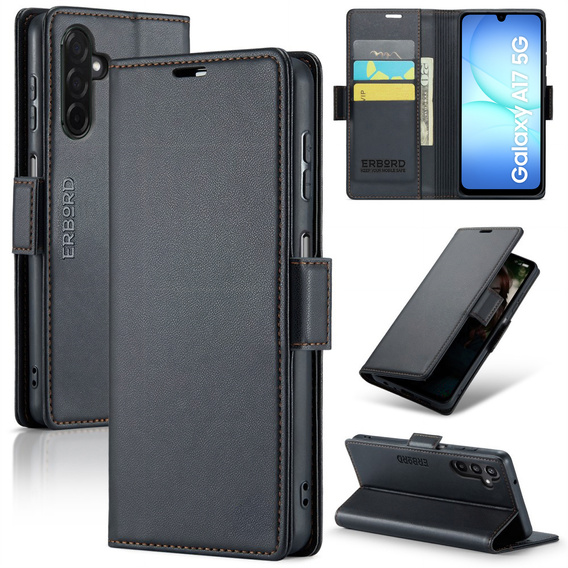 Θήκη για Samsung Galaxy A17 5G, ERBORD Glossy Litchi, πορτοφόλι με πτερύγιο, μαύρη