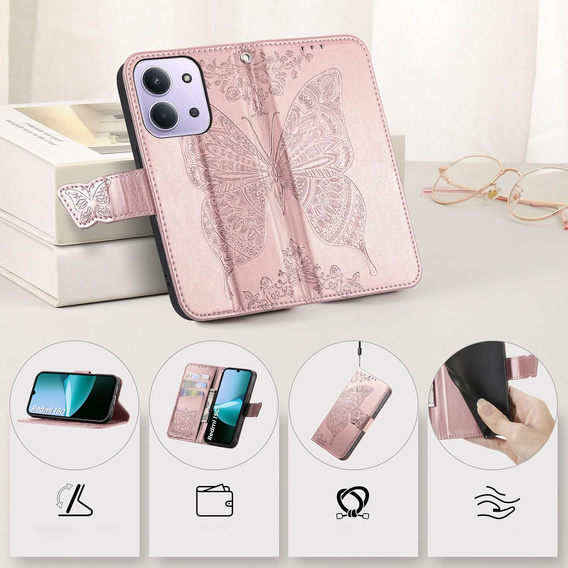 Θήκη με πτερύγιο για Xiaomi Redmi 15C 4G/LTE, Butterfly, ροζ rose gold