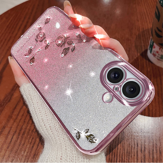Θήκη για iPhone 16 Plus, Glitter Flower, ροζ rose gold