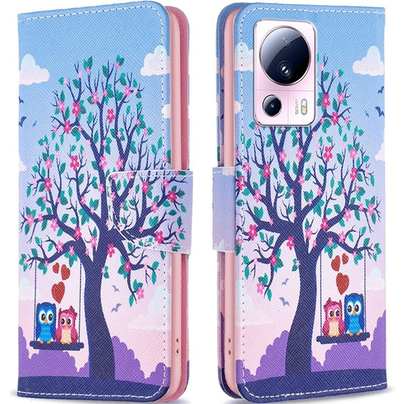 Θήκη με πτερύγιο για Xiaomi 13 Lite, Wallet, tree & owls, μπλε