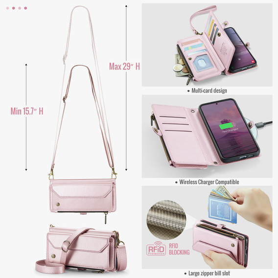 θήκη CASEME για Samsung Galaxy S25 FE, RFID Leather Wallet, με λουράκι ώμου, ροζ