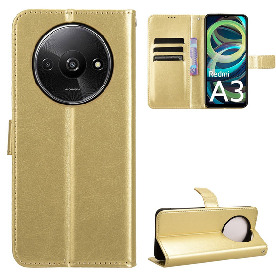 Θήκη με πτερύγιο για Xiaomi Redmi A3, Crazy Horse Wallet, χρυσή