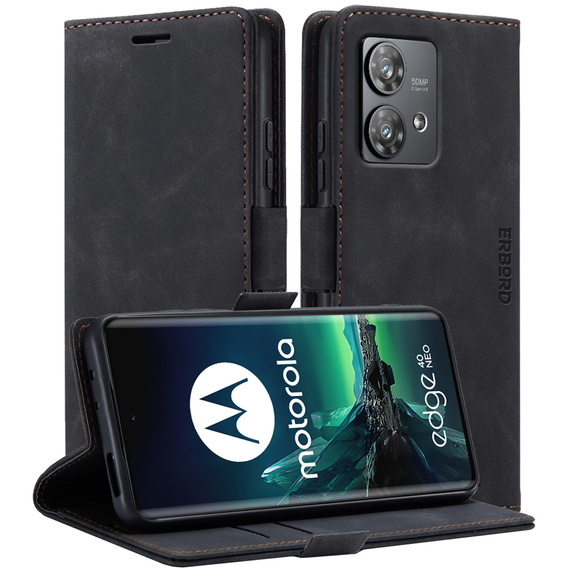 Θήκη για Motorola Edge 40 Neo, ERBORD Vintage, πορτοφόλι με πτερύγιο, μαύρη
