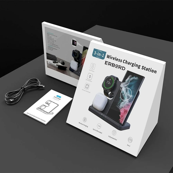 Ασύρματο φορτιστή 3 σε 1 QI γρήγορο για Samsung S25 S24 S23 Galaxy Watch Buds Σταθμός μαύρο