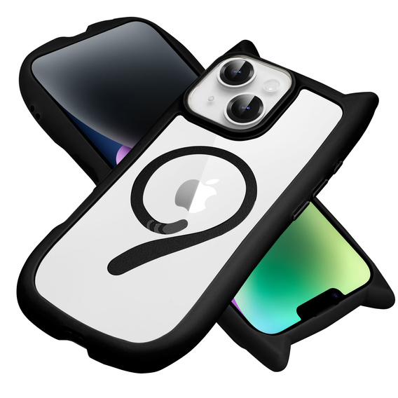 Θήκη για iPhone 13 / iPhone 14, για MagSafe, Cute Cat, μαύρη + Γυαλί οθόνης