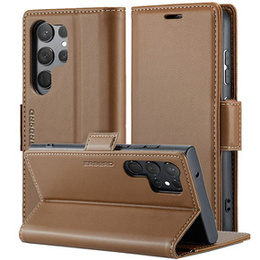 Θήκη για Samsung Galaxy S24 Ultra, ERBORD Glossy Litchi, πορτοφόλι με πτερύγιο, καφέ