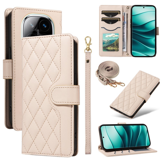 θήκη πτερύγιο για Xiaomi Redmi Note 14 Pro 5G / Xiaomi Redmi Note 14 Pro+ 5G / Xiaomi Poco X7 5G, Rhombus Crossbody Leather, μπεζ