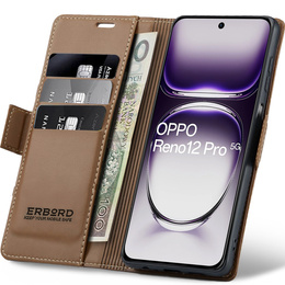 Θήκη για Oppo Reno 12 Pro, ERBORD Glossy Litchi, πορτοφόλι με πτερύγιο, καφέ