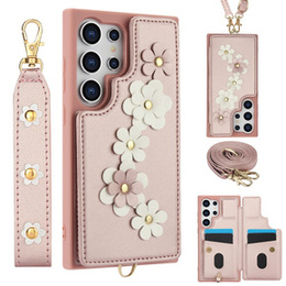 θήκη για Samsung Galaxy S24 Ultra, Leather Flower Card Slot, ροζ