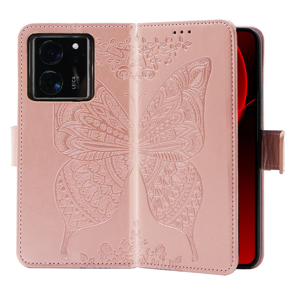 Θήκη με πτερύγιο για Xiaomi 13T / 13T Pro, Butterfly, ροζ rose gold