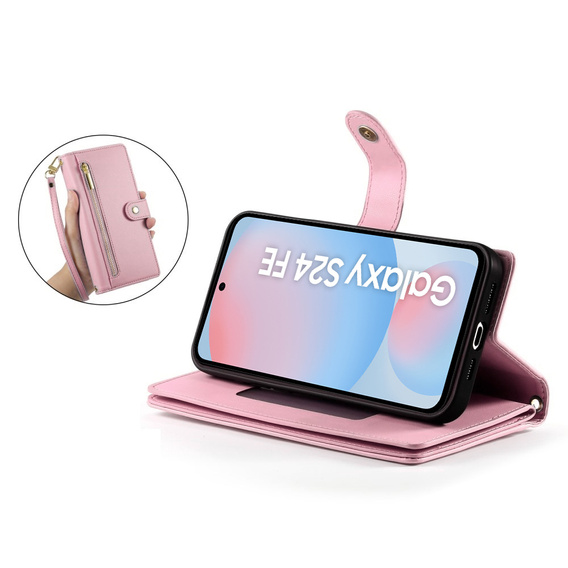 Θήκη με πτερύγιο για Samsung Galaxy S24 FE, Wallet Zipper Pocket, ροζ