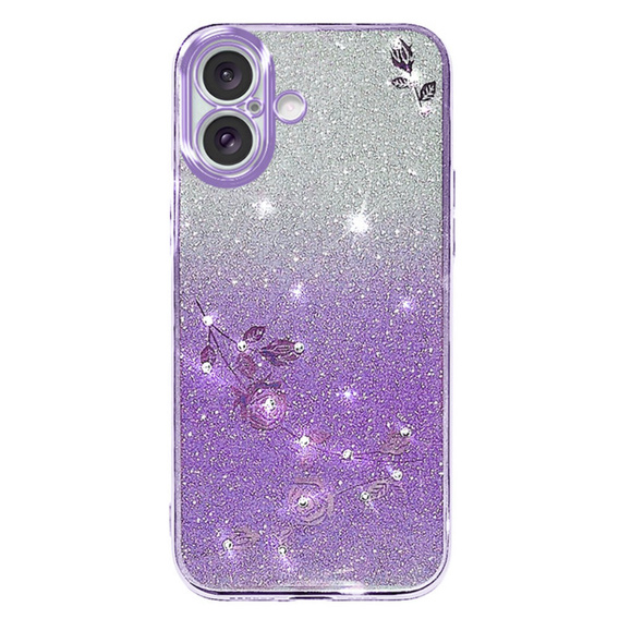 Θήκη για iPhone 16, Glitter Flower, μωβ