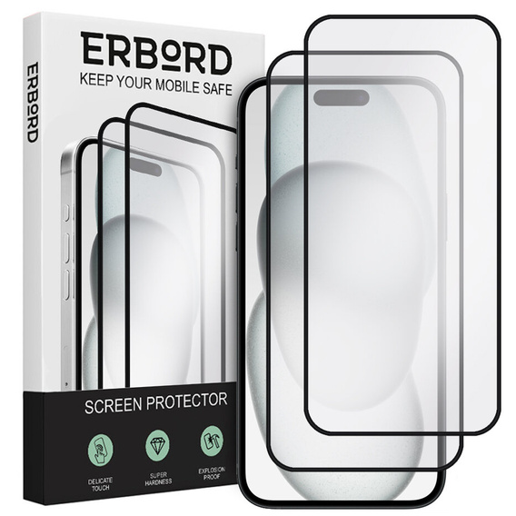 2x Μετριασμένο γυαλί για iPhone 15 Plus, ERBORD 3D πλήρης οθόνη