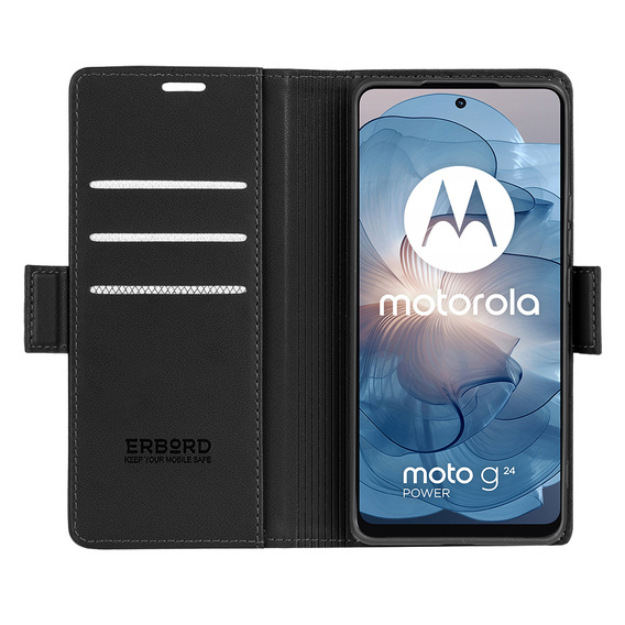 Θήκη για Motorola Moto G24 Power, ERBORD Glossy Litchi, πορτοφόλι με πτερύγιο, μαύρη