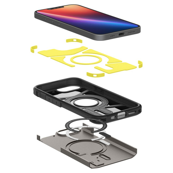 θήκη Spigen για iPhone 16E, Tough Armor Mag Mag MagSafe, γκρι + μετριασμένο γυαλί 9H