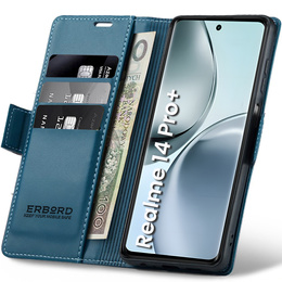 Θήκη για Realme 14 Pro+ 5G, ERBORD Glossy Litchi, πορτοφόλι με πτερύγιο, μπλε