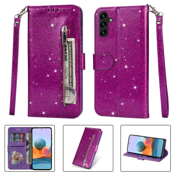 Θήκη με πτερύγιο για Samsung Galaxy A35 5G, Wallet Zipper Pocket Glittery, μωβ