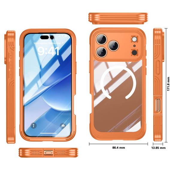 Αδιάβροχη θήκη με γυαλί, για MagSafe για iPhone 17 Pro, πορτοκαλί