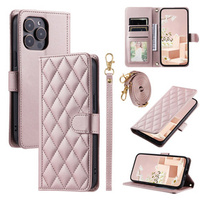 θήκη πτερύγιο για iPhone 16 Pro Max, Rhombus Crossbody Leather, ροζ rose gold