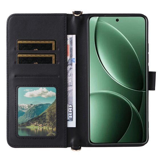 Θήκη με πτερύγιο για Xiaomi Poco F7 Pro, Crossbody Leather Wallet, μαύρη