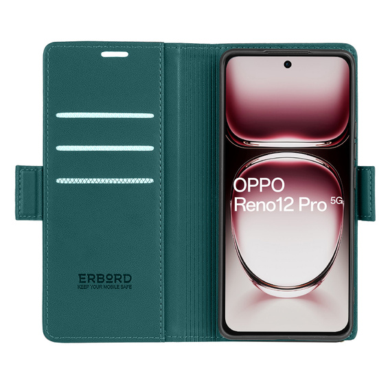 Θήκη για Oppo Reno 12 Pro, ERBORD Glossy Litchi, πορτοφόλι με πτερύγιο, πράσινη