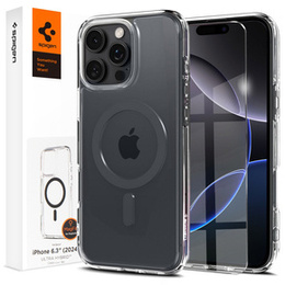 Θήκη MagSafe Spigen για iPhone 16 Pro, Ultra Hybrid, διαφανής / γκρι + Μετριασμένο γυαλί 9H