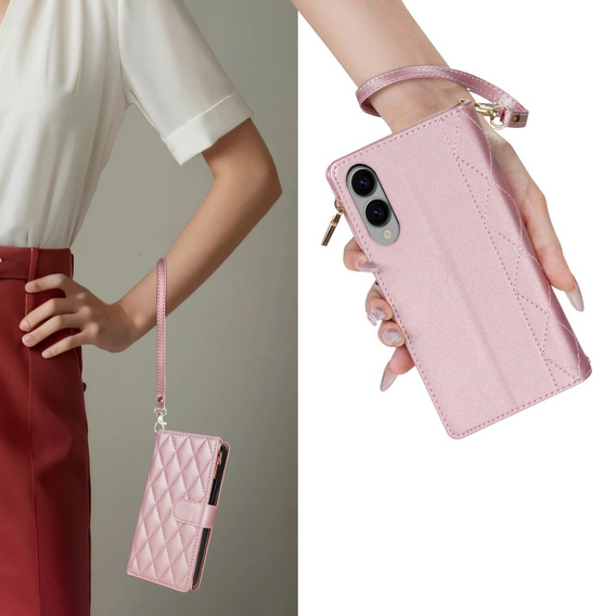 θήκη πτερύγιο για Samsung Galaxy S25 Edge, Rhombus Crossbody Leather, ροζ rose gold