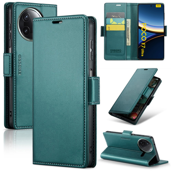 Θήκη για Xiaomi Poco F7 Ultra, ERBORD Glossy Litchi, πορτοφόλι με πτερύγιο, πράσινη