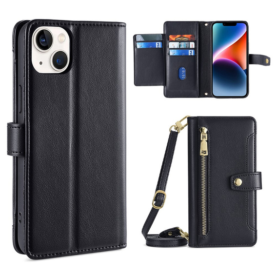Θήκη με πτερύγιο για iPhone 15, Wallet Zipper Pocket, μαύρη