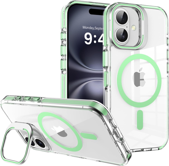 Θήκη για iPhone 17, για MagSafe, με βάση, διάφανη με πράσινα ένθετα