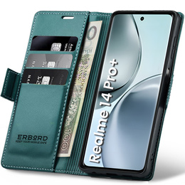 Θήκη για Realme 14 Pro+ 5G, ERBORD Glossy Litchi, πορτοφόλι με πτερύγιο, πράσινη