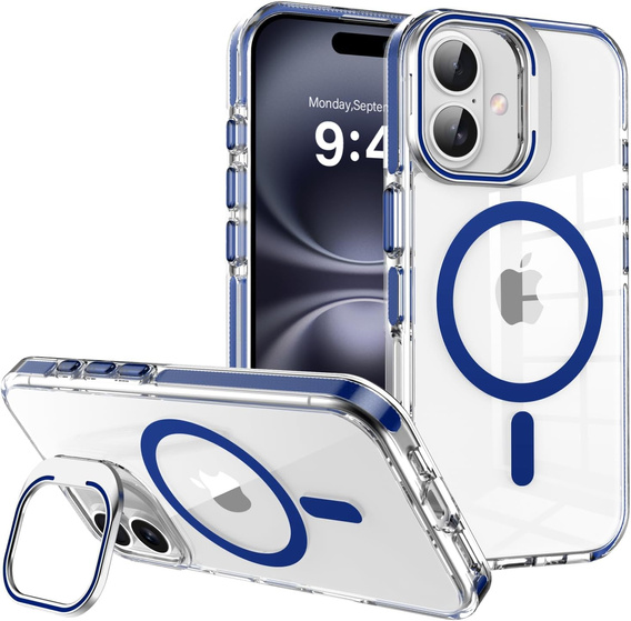 Θήκη για iPhone 17, για MagSafe, με βάση, διάφανη με σκούρα μπλε ένθετα