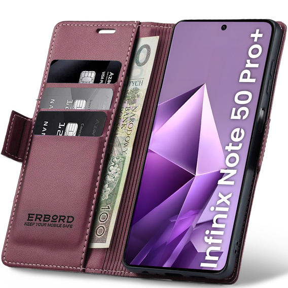 Θήκη για Infinix Note 50 Pro+, ERBORD Glossy Litchi, πορτοφόλι με πτερύγιο, κόκκινη