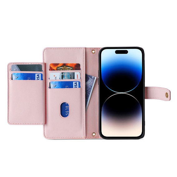 Θήκη με πτερύγιο για iPhone 14 Pro Max, Wallet Zipper Pocket, ροζ