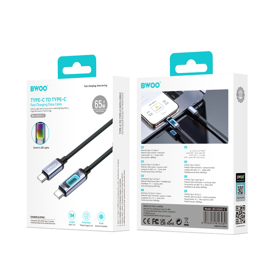 Καλώδιο USB-C – USB-C με οπίσθιο φωτισμό RGB PD 60 W BWOO X324CC