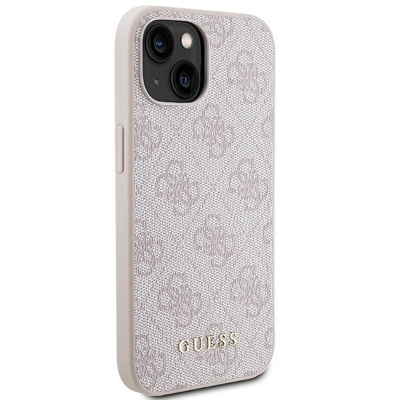 GUESS Θήκη για iPhone 15, 4G Metal Gold Logo, ροζ