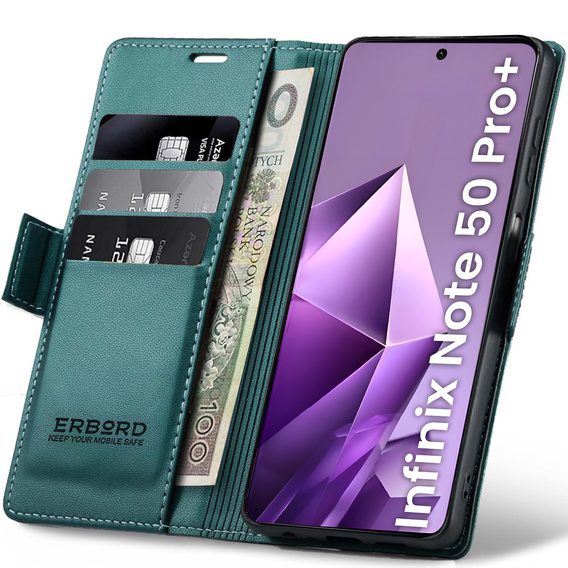 Θήκη για Infinix Note 50 Pro+, ERBORD Glossy Litchi, πορτοφόλι με πτερύγιο, πράσινη
