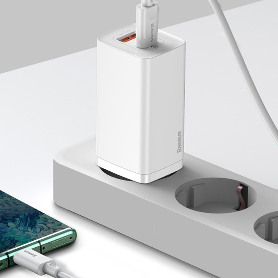 Baseus GaN2 Lite 65 W USB-C + USB-A φορτιστής δικτύου, λευκό (ΕΕ)