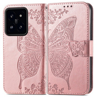 Θήκη με πτερύγιο για Xiaomi 14T Pro, Butterfly, ροζ rose gold