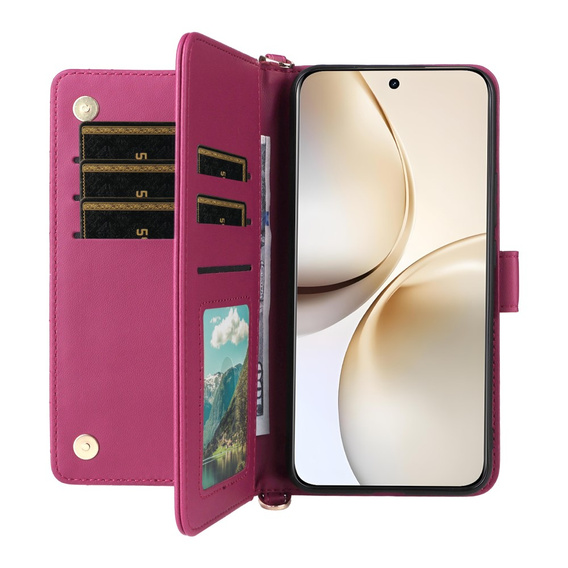 Θήκη με πτερύγιο για Realme 14 Pro+ 5G, Crossbody Leather Wallet, σκούρο ροζ