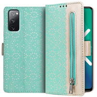 θήκη πτερύγιο για Samsung Galaxy S20 FE/5G, Wallet Pocket Zipper Lace, πράσινη