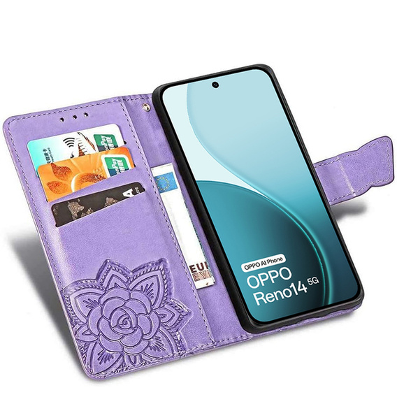 Θήκη πτερύγιο για Oppo Reno 14, Butterfly, πορτοφόλι, μοβ