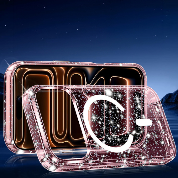 Θήκη για iPhone 17 Pro, για MagSafe, glitter, διάφανο ροζ