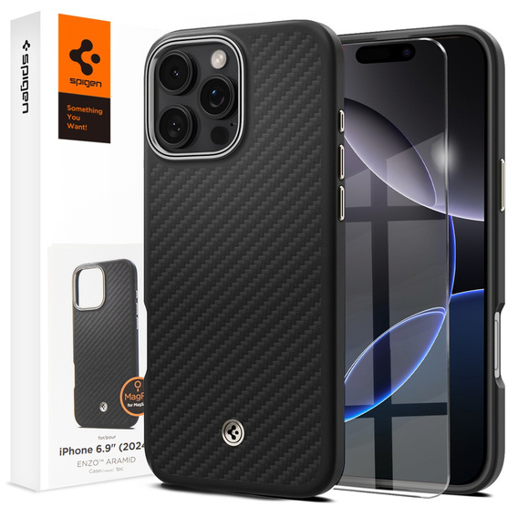θήκη Spigen για iPhone 16 Pro Max, Enzo Aramid MagSafe, Μαύρο άνθρακα / ασημί + γυαλί 9H tempered glass