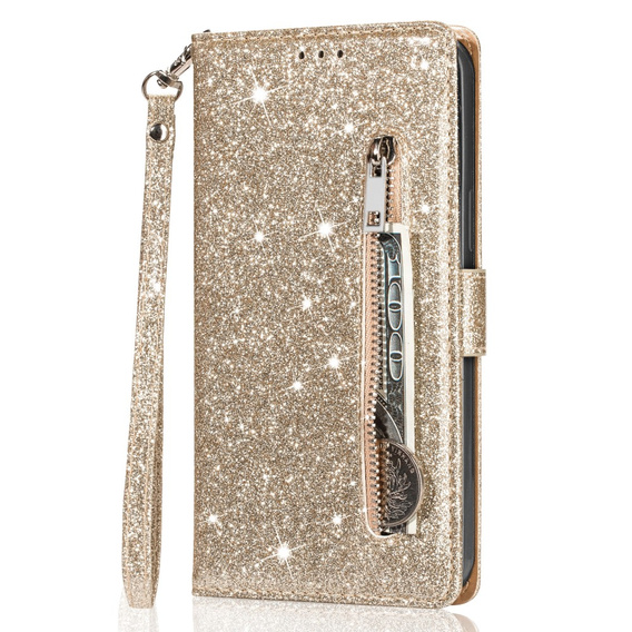 Θήκη με πτερύγιο για Samsung Galaxy A56 5G, Wallet Zipper Pocket Glittery, χρυσή