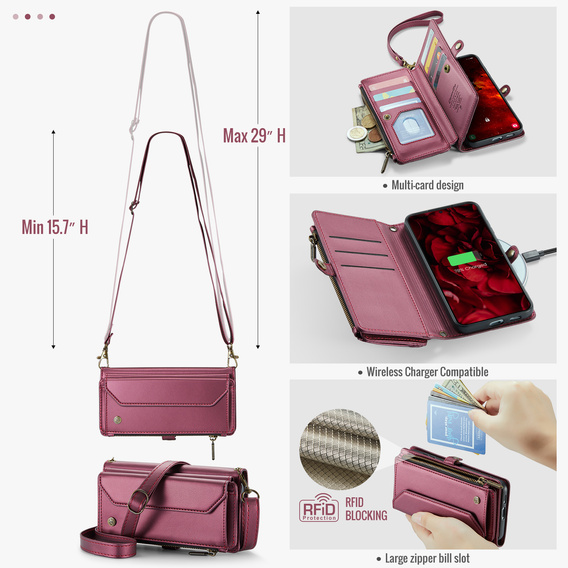 θήκη CASEME για Samsung Galaxy S25 FE, RFID Leather Wallet, με λουράκι ώμου, κόκκινη