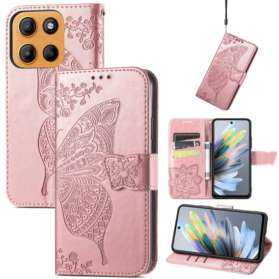 Θήκη με πτερύγιο για Motorola Moto G15 / Motorola Moto G15 Power, Butterfly, ροζ rose gold